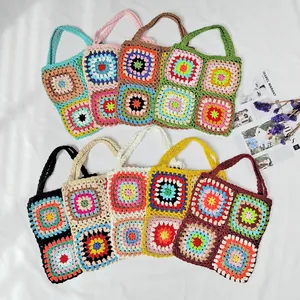 Women Granny Square Hand Crochet Tote Bag Retro Bohemian Contrast Color Handbag Ethnic Style Acrylic Yarn Shoulder Bag