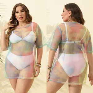 Women Plus Size Tie Dye Print Mesh Sheer Beach Dress Round Neck Short Sleeve Sexy Summer Vacation Bikini Cover Up Dress