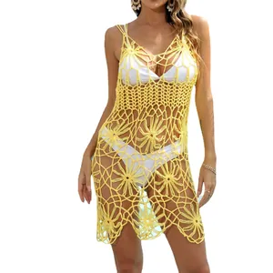 Yellow hand-crocheted hollow-out beach bikini cover-up dress for women with sexy floral pattern