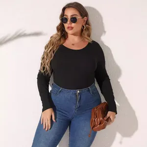Body clásico negro de manga larga de talla grande para mujer con textura acanalada y corte ajustado