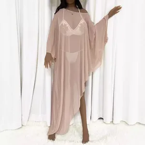 Sexy sheer mesh beach cover-up maxi dress with irregular hem and batwing sleeves
