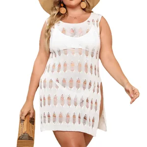 Women's plus size white hollow-out crochet beach cover-up dress with side slit detail