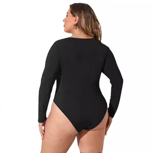 Elegante body de mujer talla grande negro de manga larga vista posterior adelgazante