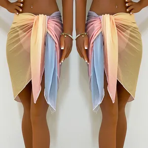 Detailed view of a gradient tie-dye mesh sarong with an irregular wrap-around tie waist