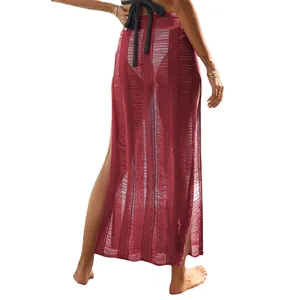Sexy burgundy hollow-out beach skirt with high slit, knit cover-up maxi skirt