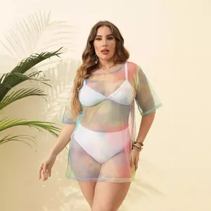 Vibrant plus size tie-dye sheer mesh beach cover up dress for women's summer vacation.