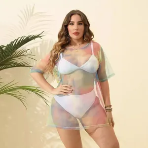 Plus size tie-dye sheer mesh beach cover-up dress with vibrant rainbow print for women