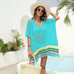 Sexy deep V-neck mesh beach cover-up with colorful crochet hollow out details