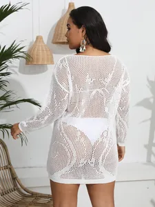 White crochet beach cover-up dress back view with hollow knit pattern