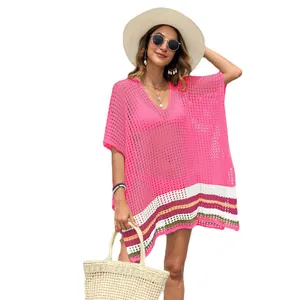 Sexy bright pink deep V-neck crochet hollow beach dress cover-up with color block hem stripes