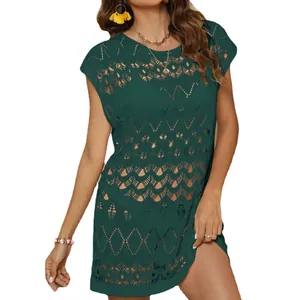 Sexy dark green hollow-out crochet beach bikini cover-up mini dress for summer vacation