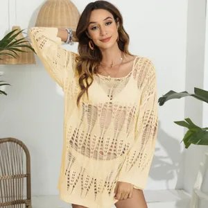 Copricostume da bikini sexy giallo a maniche lunghe in maglia traforata in stile boho