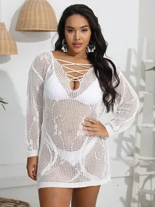 Plus size white crochet bikini cover-up dress with sexy lace-up deep V-neck details