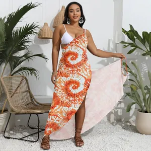 Plus size tie-dye print wrap beach dress with multi-way straps and an asymmetric hemline.