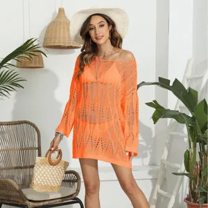 Copricostume bikini sexy arancione lavorato a maglia traforata a maniche lunghe donna.