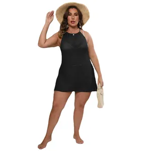 Plus size black crochet halter neck beach cover up mini dress for women