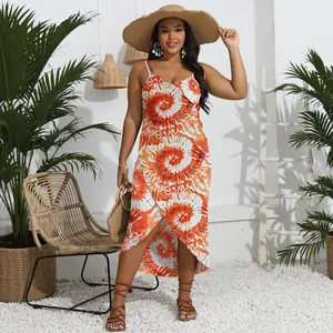 Plus size bohemian orange tie-dye wrap beach maxi dress with spaghetti straps and high-low hemline