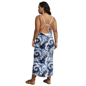 Back view of plus-size blue tie-dye beach wrap dress with adjustable straps