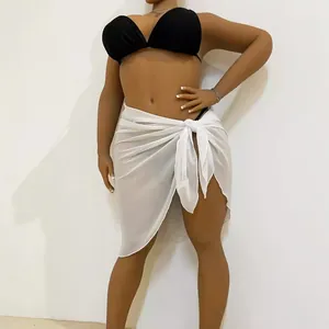 Sexy white semi-transparent chiffon beach sarong wrap skirt with side tie for plus size women