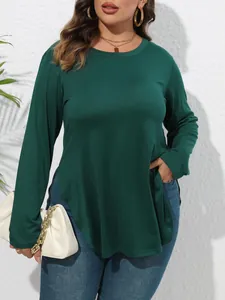 T-Shirt Femme Grande Taille Décontracté Manches Longues Ourlet Irrégulier Couleur Unie Col Rond Top en Tricot Automne Hiver