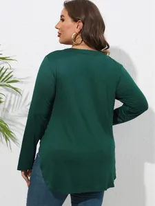 T-shirt femme grande taille vert foncé à manches longues avec ourlet irrégulier