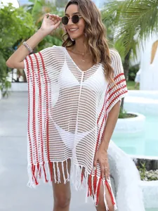 Bohemian Hollow Out Crochet Beach Cover Up V Neck Striped Tassel Knitted Swimsuit Dress For Women Vacation Resort Wear