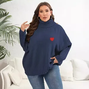 Stylish plus size navy blue turtleneck sweater featuring a red heart patch accent