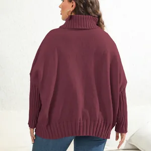 Oversized burgundy turtleneck knitted sweater for women plus size casual wear back view