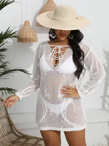 Sexy white crochet lace-up V-neck bikini cover-up dress for plus size women beachwear