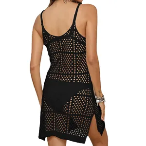 Rückenansicht eines schwarzen Häkel-Strandkleids, ärmelloser Bikini-Überwurf für Damen