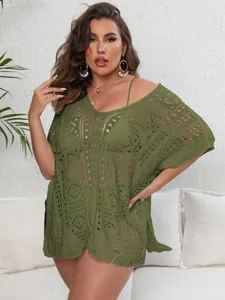 Plus size olive green crochet V-neck bikini cover-up beach dress for a stylish summer