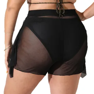 Sexy plus size black mesh beach shorts with ruffle detail, back view sheer style