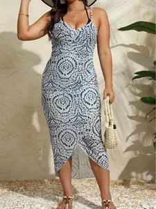 Elegant plus size sheer mesh polka dot wrap beach cover-up dress for summer vacation