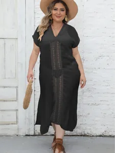Plus size bohemian style black V-neck lace patchwork beach cover up maxi vacation dress