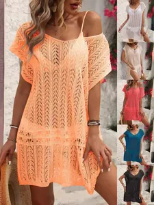 Women V Neck Crochet Hollow Out Beach Cover Up Sleeveless Loose Casual Bikini Swimsuit Bathing Suit Coverup Dress Top
