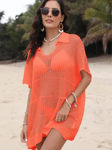 Loose neon orange polo collar crochet beach cover-up with a sexy see-through mesh design