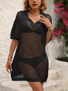 Elegante vestido playero de ganchillo negro para mujer con cuello polo y punto calado fino