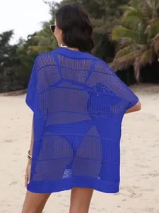 Royal blue women's polo collar crochet mesh beach cover-up with loose fit design