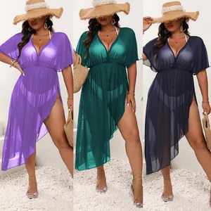 Set de tres vestidos de playa de talla grande con cuello en V y dobladillo irregular