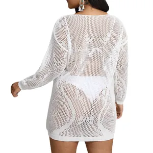 Sexy plus size white crochet mesh see-through dress bikini cover-up for beachwear