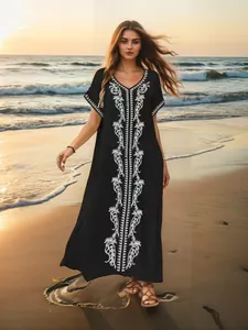 Retro embroidered black beach maxi dress with loose fit for women