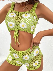 Women Crochet Daisy Hollow Out Beach Camisole Top And Shorts Set Bohemian Vacation Knit Swimwear Cover Up Swimsuit
