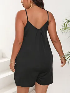 Detailed back view of a stylish plus-size women's black spaghetti strap jumpsuit romper