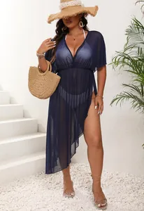 Vestido de playa azul marino de talla grande con escote en V y dobladillo asimétrico