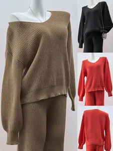 Detailed collage of V-neck knit sweater and pants set in brown, black, and red colors