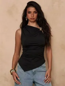 Chic slim fit black sleeveless top featuring metal buckle and irregular hem detail.