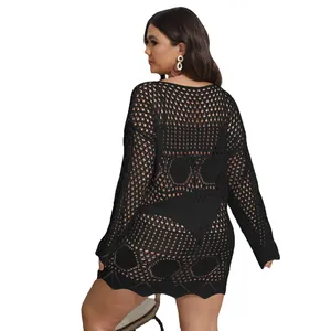 Copricostume da spiaggia sexy in crochet nero taglie forti a maniche lunghe traforato