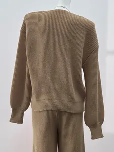 Detailed back view of khaki ribbed knit sweater and matching pants set for women