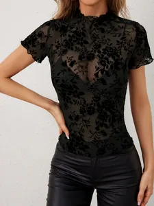 Women's chic black mesh flocking floral mock neck short sleeve T-shirt top