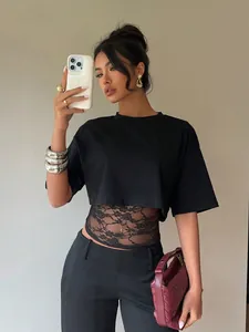 Sexy black short sleeve crop top with lace patchwork and hollow out waist design